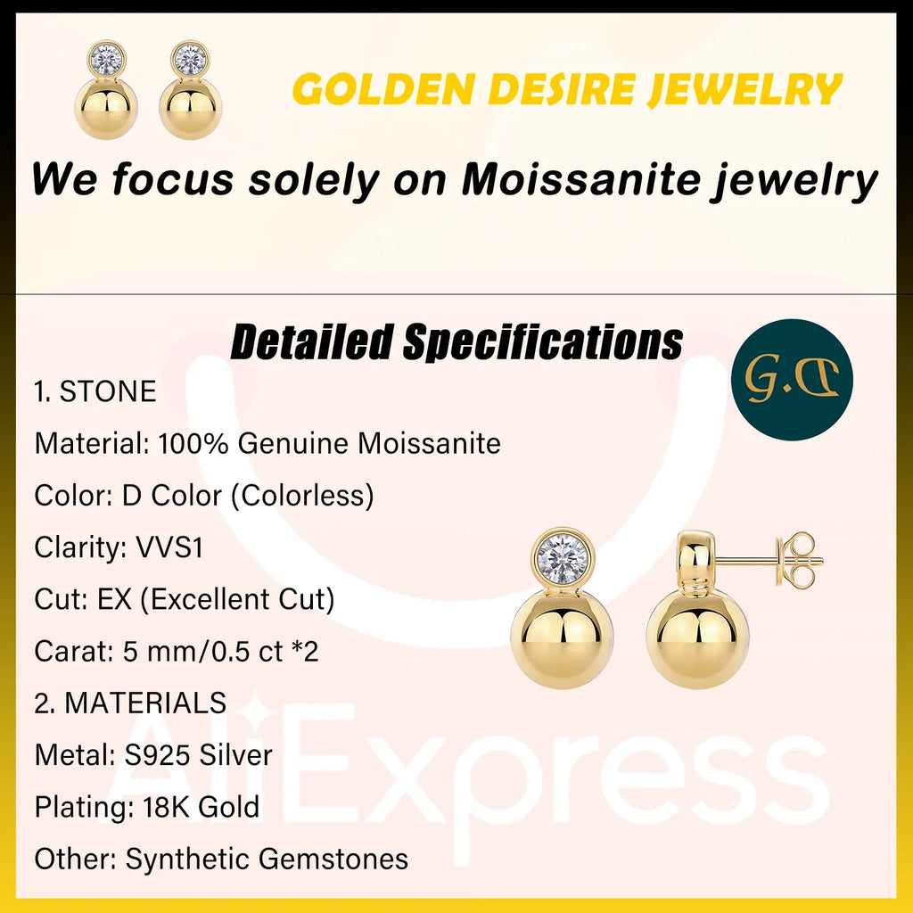 0.5ct x2 Moissanite Orb Stud Earrings S925 Sterling Silver 18K Gold Plated