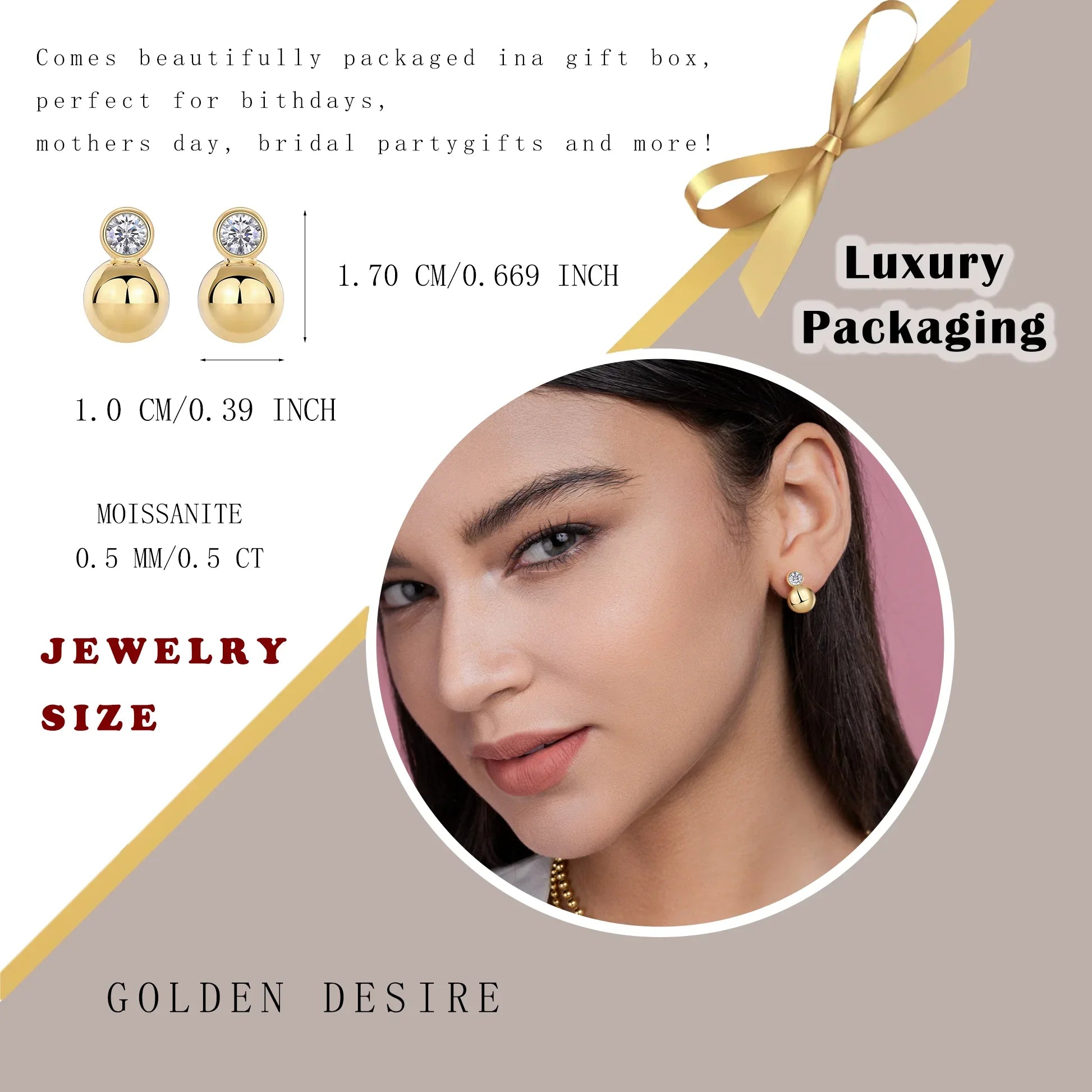 0.5ct x2 Moissanite Orb Stud Earrings S925 Sterling Silver 18K Gold Plated