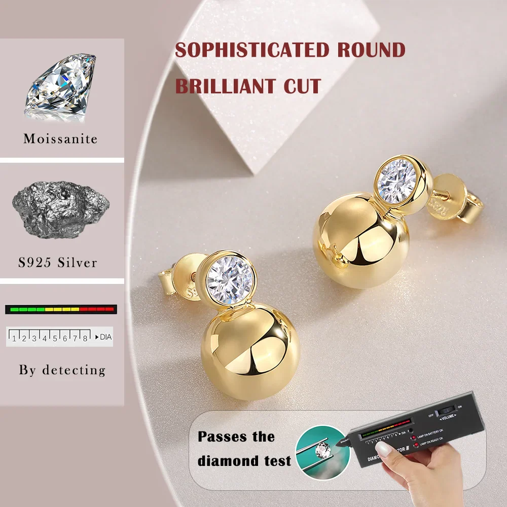 0.5ct x2 Moissanite Orb Stud Earrings S925 Sterling Silver 18K Gold Plated