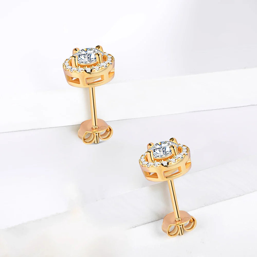1 Carat D Color Moissanite Stud Earrings 18K Gold Plated 925 Silver