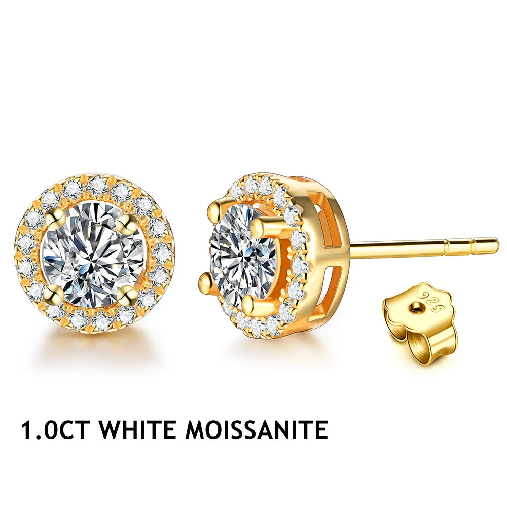 1 Carat D Color Moissanite Stud Earrings 18K Gold Plated 925 Silver