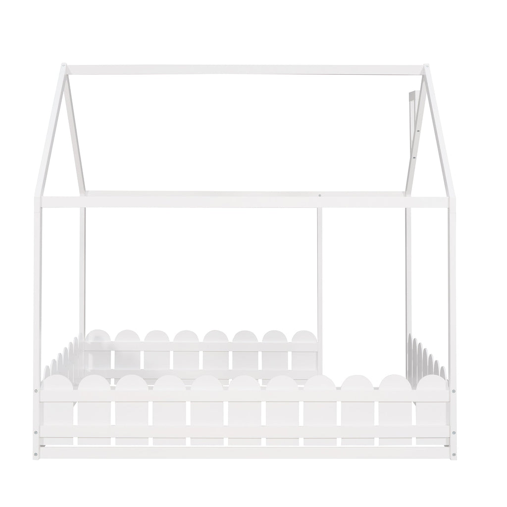 (Slats are not included) Full Size Wood Bed House Bed Frame with Fence for Kids Teens Girls Boys (White )