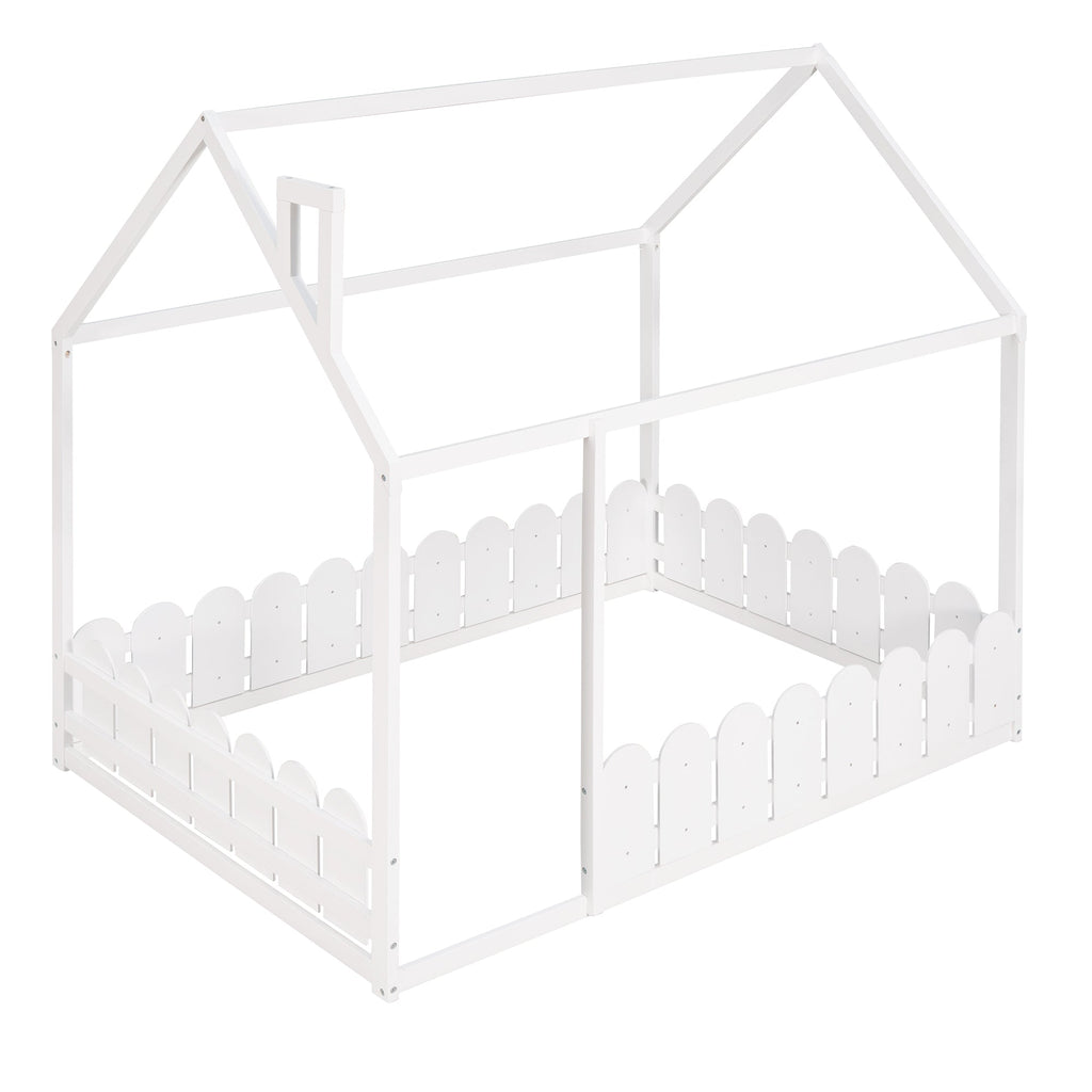 (Slats are not included) Full Size Wood Bed House Bed Frame with Fence for Kids Teens Girls Boys (White )