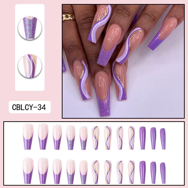Purple Glitter Wearing Manicure French Geometric Lines Aurora Bright Nail Patches