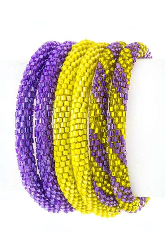 Purple Gold Nepal Roll Up Beaded Bracelet Set Handmade