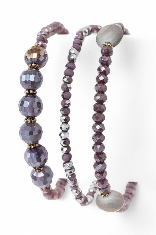 Purple Mixed Bead 3pc Stretch Bracelet Set For Women